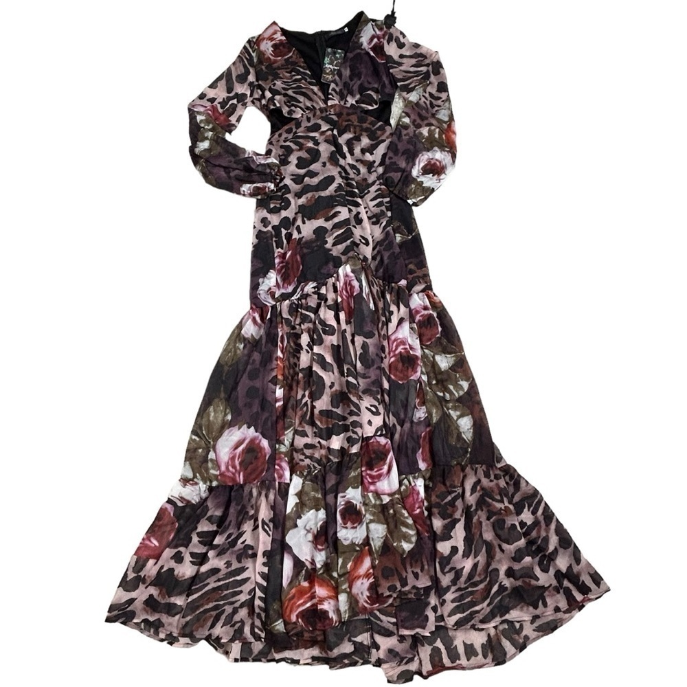 Giffniseti Leopard Floral Print Long Sleeve Ruffle Hem Maxi Dress NWT - Picture 4 of 16